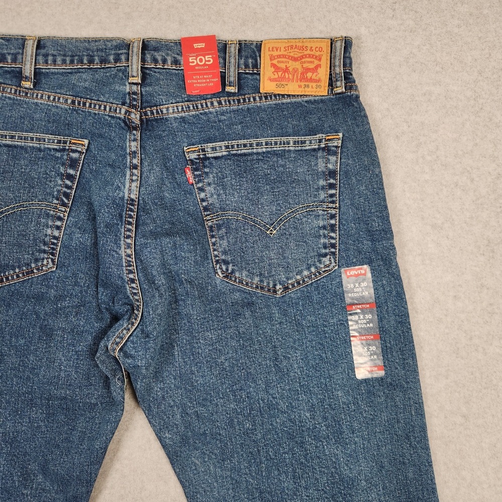 Levis 505 Jeans 38x30 Blue Medium Wash Regular Fit Straight Stretch Denim